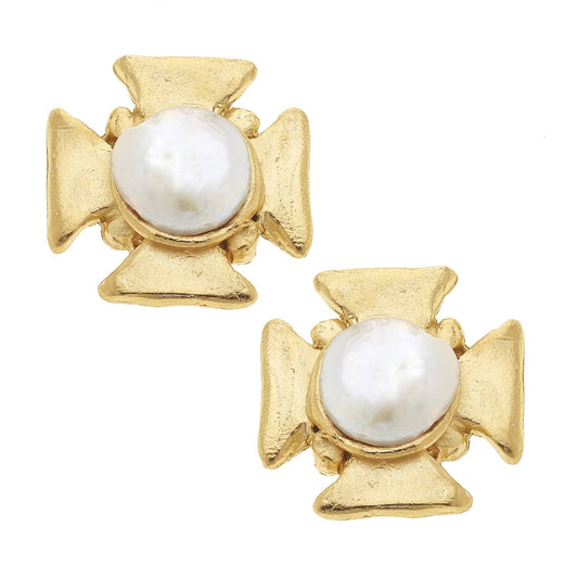 Gold Cross with Genuine Freshwater Pearl Earrings