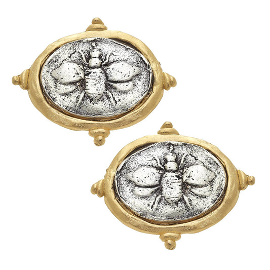 Gold and Silver Italian Intaglio Bee Earrings