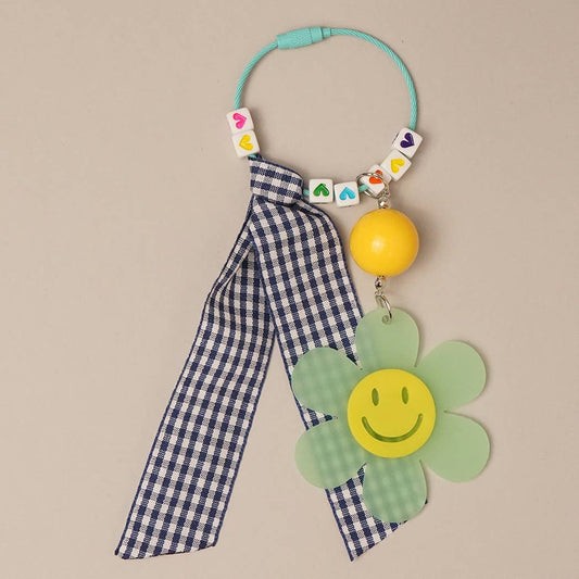 Plaid Smiley Flower Beaded Keychain Bag Charms