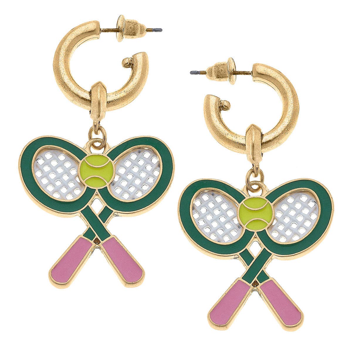 Sloan Tennis Raquet Enamel Drop Hoop Earrings in Green & Pin