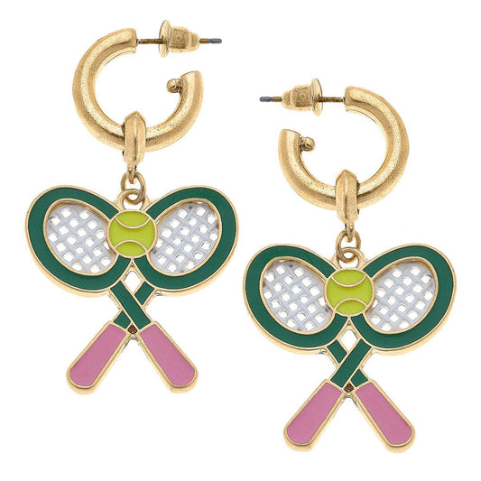 Sloan Tennis Raquet Enamel Drop Hoop Earrings in Green & Pin